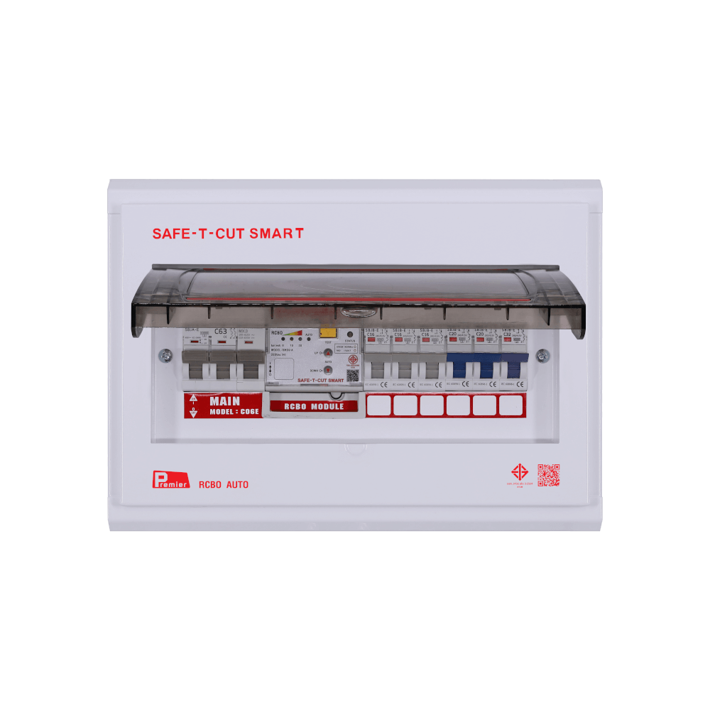 ชุดตู้คอนซูมเมอร์ 6 ช่อง เบรคเกอร์กันดูด 63 แอมป์ เซฟ-ที-คัท สมาร์ท รุ่น PREMIER AUTO